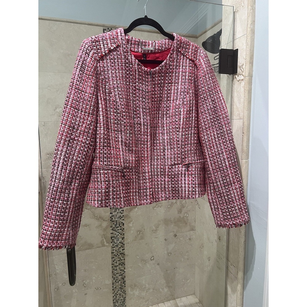 WHBM White House Black Market Pink Tweed Fringe Zip Jacket 14 Womens